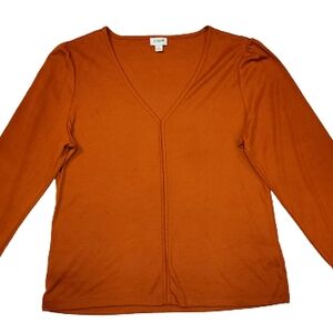 J.Crew Dark Orange V-Neck Long Sleeve Blouse & Ruched Shoulders Shirt Top EUC